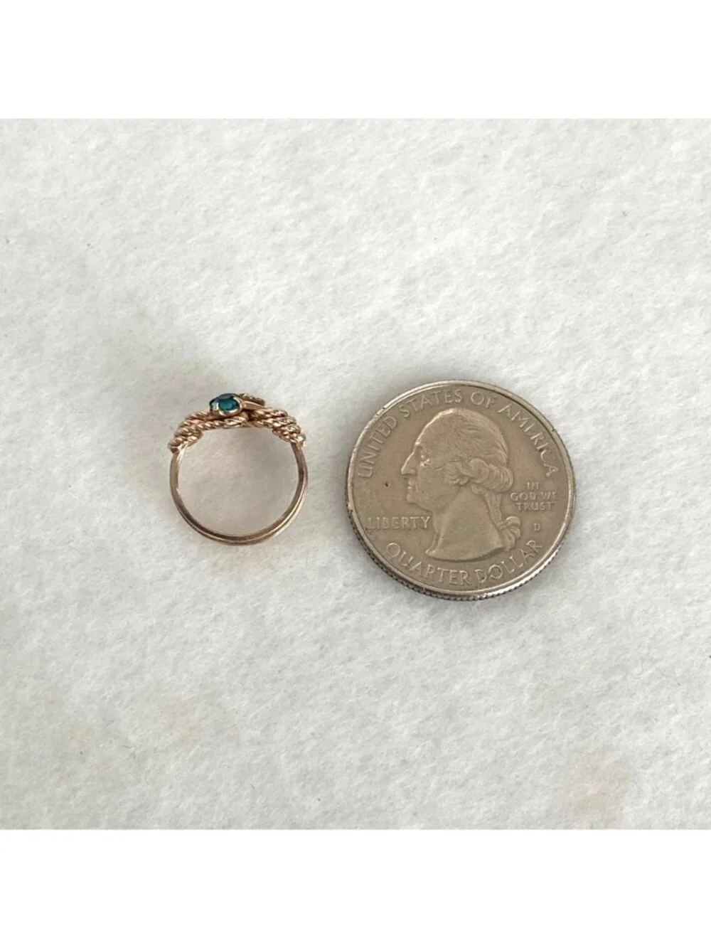Brass Colored Wire wrapped Blue & Green Rhinestone Baby Ring Size <1